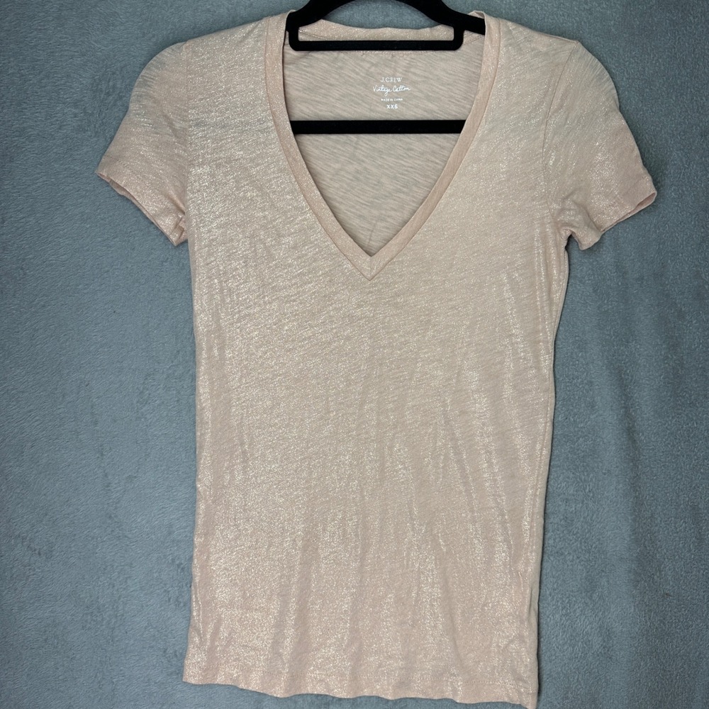 J.Crew Vintage Cotton Metallic V-Neck T-Shirt Rose Gold Blush Pink XXS